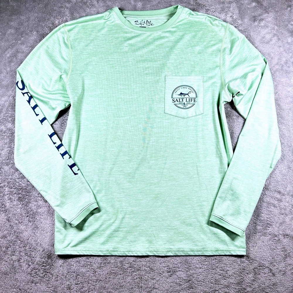 Salt Life Mens Medium Mint Green SLX Long Sleeve Performance Shirt Pocket Tee